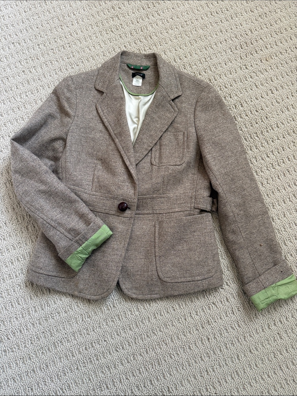 J. Crew Taupe Wool-Blend Blazer with Mint Green Trim